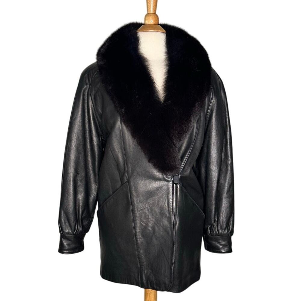 J. Percy for Marvin Richards Black Leather Jacket Fur Collar Slouchy Oversized